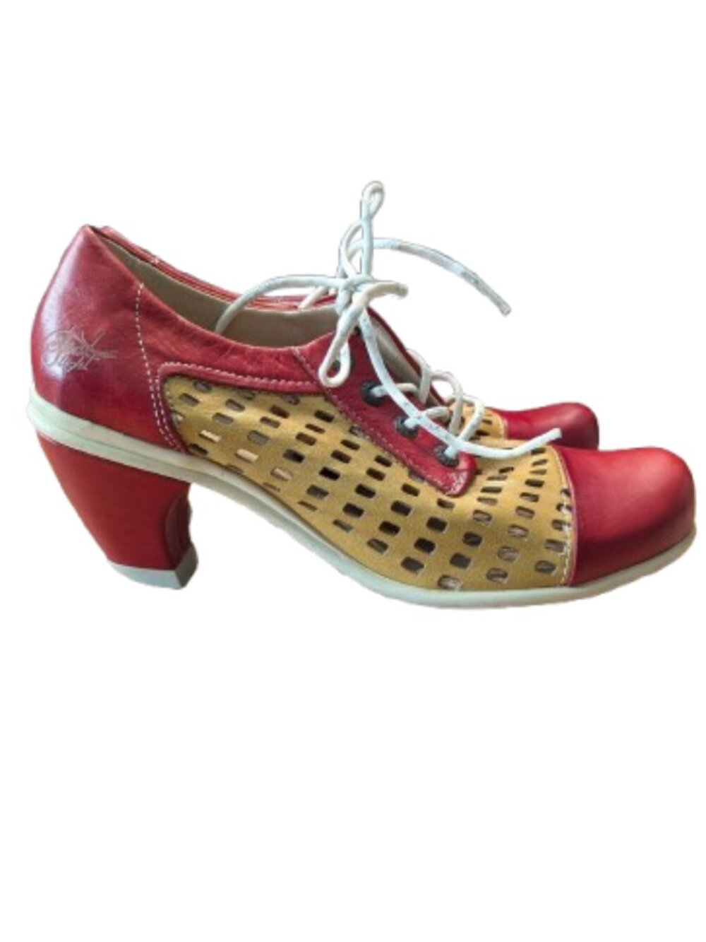 Eject Emma Red Mustard Leather Colorblock Cutout Heels 37 or 37.5
